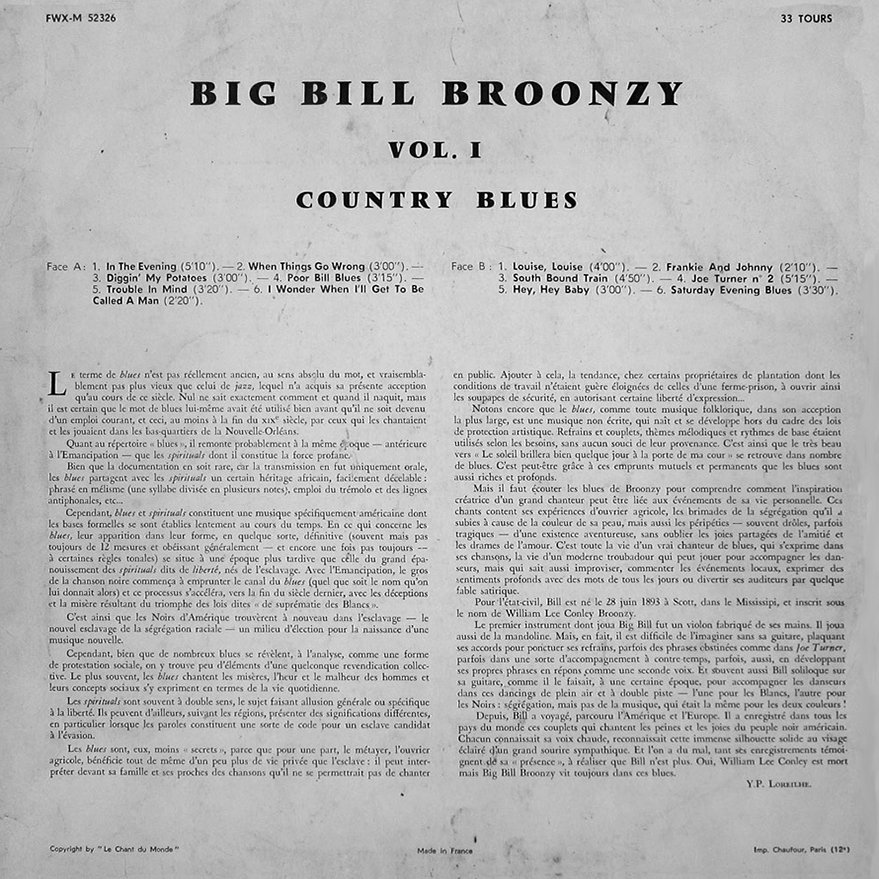 pochette du disque vinyle Bill Big Broonzy verso