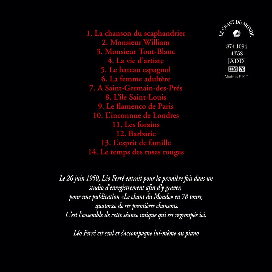 pochette du disque vinyle premieres chansons de léo ferré verso